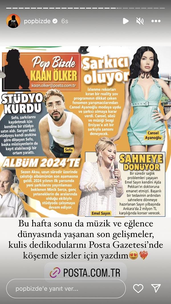 @popbizde isimli Instagram hesabının sahibi Kaan Ölker'in Posta Gazetesi'ndeki köşesinde yazdığı habere göre söz ve müziği Sezgi Erciyas'a ait olan bir şarkı ile müzik dünyasına adım atacak.