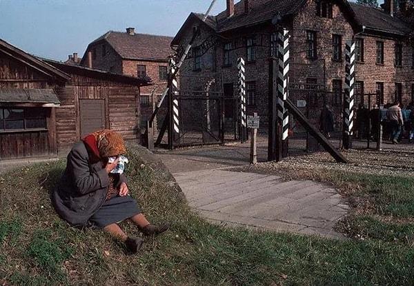 7. Eski Alman toplama ve imha kampı Auschwitz'in kapısında çimenlerin üzerinde oturarak ağlayan yaşlı bir Polonyalı kadın. (1981)