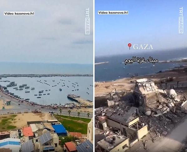 Sosyal medyada da paylaşılan bir görüntüde Gazze sahilinin savaş öncesi ve sonrası görüntüleri görülüyor.