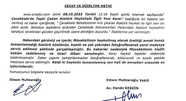 Heykeltraş Ethem Muhtaroğlu avukatı aracılığıyla daha sonra yaptığı açıklamada  söz konusu iddialarla ilgili şunları söyledi ⬇️