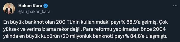 Merkez Bankası eski Başekonomisti, Bilkent Üniversitesi Öğretim üyesi Prof. Dr. Ali Hakan Kara da 200 TL'nin piyasada hacmini arttığına dikkat ekerken, henüz rekor seviyeye ulaşmadığını da ekledi.
