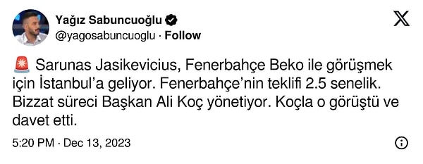 Yağız Sabuncuoğlu yaptığı paylaşımla Litvan bşantrenör Sarunas Jasikevicius ile Fenerbahçe Beko'nun anlaştığını ve süreci Ali Koç'un yönettiğini duyurdu.