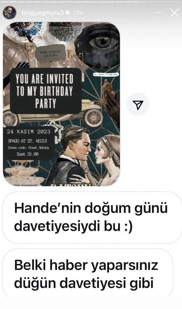 "blogyagmuru3" sayfasının paylaşımıyla beraber, Hande Erçel'in Great Gatsby temalı doğum günü partisine özel davetiye hazırlandığı ortaya çıktı.