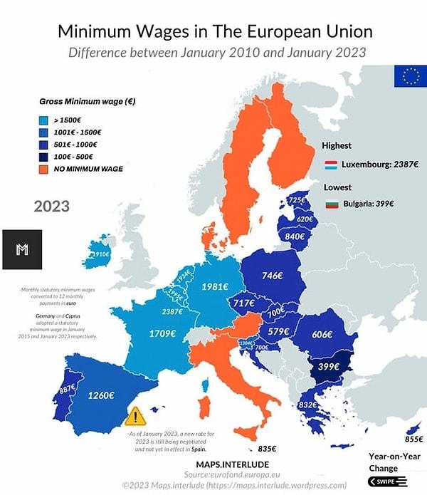 13. Avrupa'daki ülkelerin asgari ücret haritası.