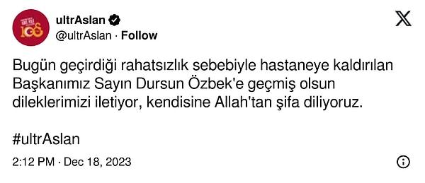 Galatasaray taraftar grubu ultrAslan Özbek'e geçmiş olsun mesajı yayınladı...