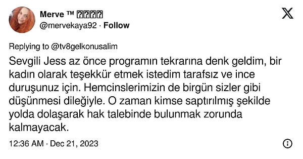 Bir sosyal medya kullanıcı ise programın bu kesitini izledikten sonra Jess Molho'ya düşünceleri için teşekkür etti.