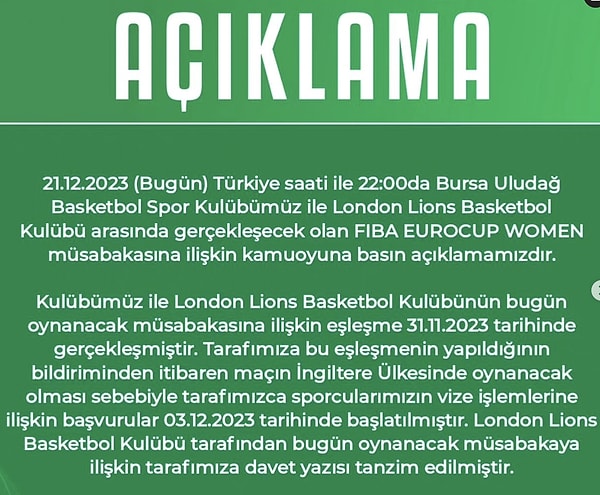 Ekibimiz karşılaşmadan 122-63 mağlup ayrıldı ve elendi. Bursa Uludağ Kadın Basketbol Kulübü'nden konuya ilişkin yapılan açıklama ise şu şekilde👇