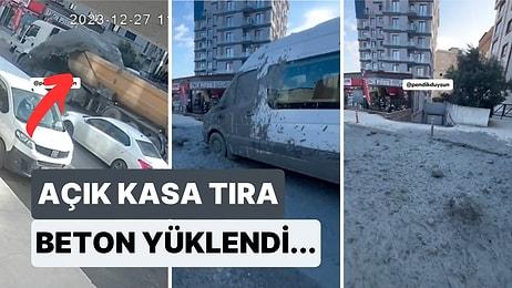 İstanbul'da Açık Kasa Tıra Yüklenen Beton Tırın Fren Yapmasıyla Hem Yola Hem Bir Araca Büyük Zarar Verdi