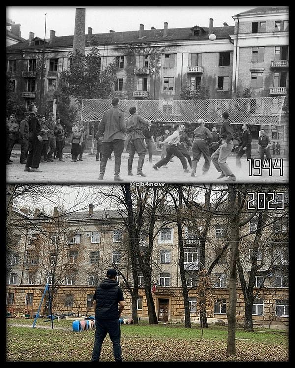 12. 2. Dünya Savaşı'nda voleybol oynayan Amerikan ve Sovyet askerleri  Poltava, Ukrayna. (1944 ve 2023)