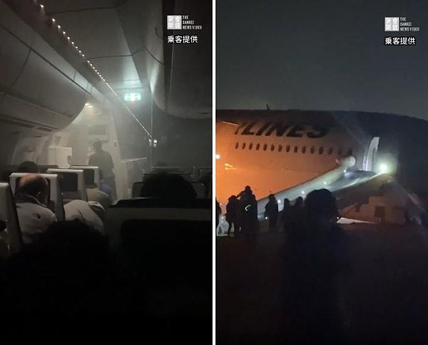Uçak içerisinden paylaşılan yeni görüntülerde, yolcular sakince beklerlerken, kabin memurları ise şişme kaydırağı açmaya çalışırken görülüyorlar. Görüntülerin devamında ise açılan şişme kaydıraktan yolcuların tahliye edildiği görülüyor.