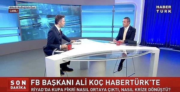 Fenerbahçe Başkanı Ali Koç, Habertürk ekranlarında yayınlanan 'Nedir Ne Değildir Özel' programında Mehmet Akif Ersoy'un konuğu oldu. Suudi Arabistan'da yaşanan Süper Kupa krizinde yaşananlar hakkında konuştu. Ali Koç, TFF'nin şartları kulüplere bildirmediğini söyledi.