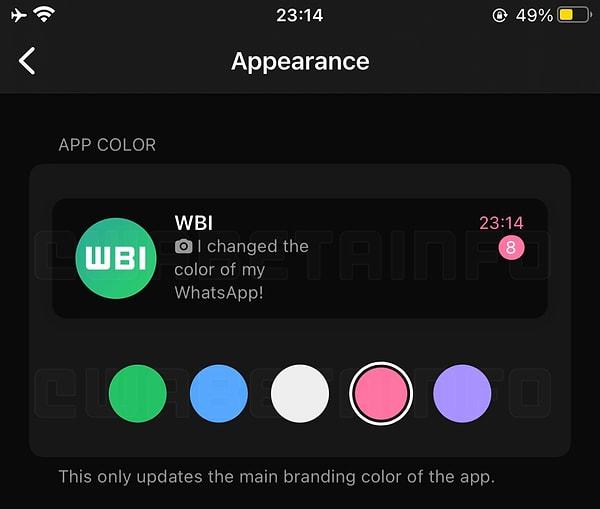 Webtekno'da yer alan habere göre; Kullanıcıların geri bildirimlerine kulak veren WhatsApp, mavi rengi geri getirmenin ötesine geçerek kullanıcıların diledikleri tema rengini seçebilecekleri yeni bir özellik üzerinde çalışmaya başladı.