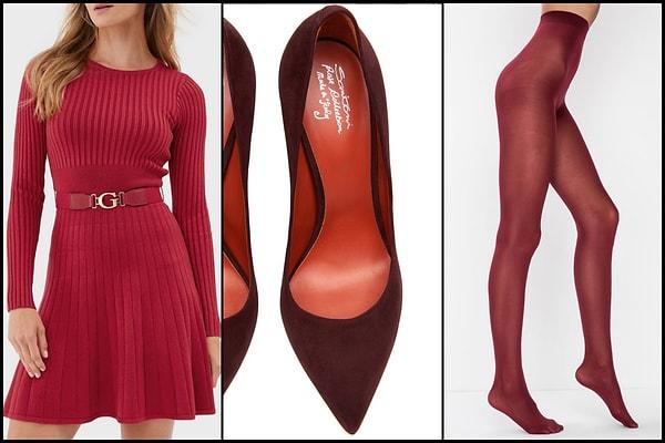 Kırmızı elbisenin kemer detayı elbiseye feminen bir hava katıyor. Feminen tarzını bozmadan stilettolar ve külotlu çorap ile kombinledik.