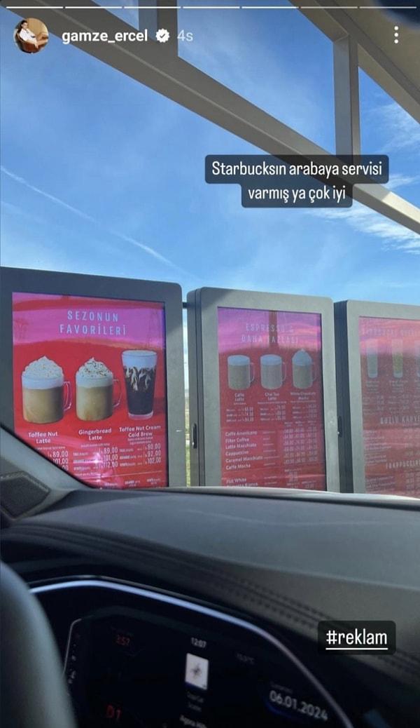 Erçel'in göze çarpan hikayesi ise "Starbucks'ın arabaya servisi varmış ya. Çok iyi" diyerek yayınladığı "#reklam" oldu.