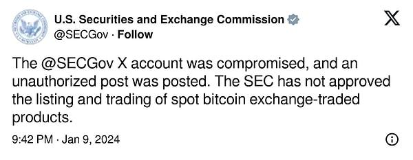 SEC resmi hesabından paylaşım silinirken, resmi duyuru paylaşıldı.