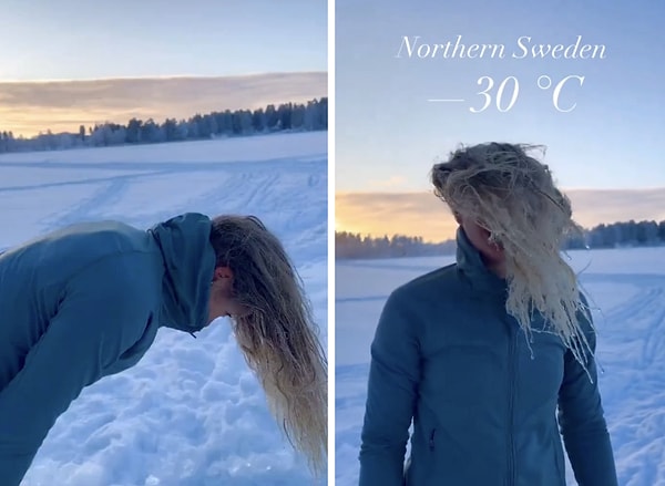 İsveç'te -30 derece havada dışarı çıkan kadın soğuk iklimle mücadele etmenin nasıl bir şey olduğunu gösterdi.