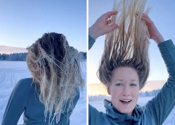 Saçının, saniyeler içinde donduğu görülen kadının o anları sosyal medyada viral oldu.