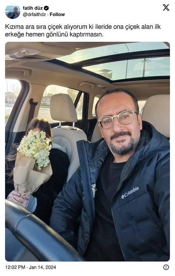 Twitter'da @drfaithdz adlı kullanıcı, "Kızıma ara sıra çiçek alıyorum ki ileride ona çiçek alan ilk erkeğe hemen gönlünü kaptırmasın" notuyla bir fotoğraf paylaştı.