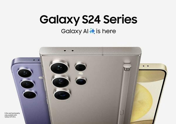 Galaxy S24 Ultra'nın ürün sayfasında ise "Galaxy AI is here" (Galaxy AI burada) ifadesi dikkat çekiyor.
