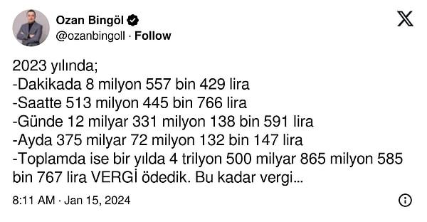 Dr. Ozan Bingöl de vergi hesabını şu şekilde yapıyor: "Dakikada 8 milyon 557 bin 429 lira vergi ödedik."