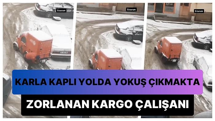 Erzurum'da Kullandığı Araç ile Karla Kaplı Yokuşu Çıkmakta Zorlanan Kargo Çalışanı