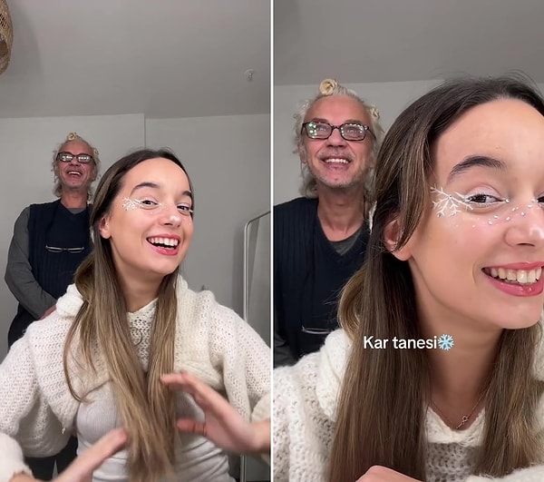 Dijital içerik üreticisi Nil Aylin, yaptığı 'kar tanesi' makyajını babasına göstererek o anları kaydetmek istedi.