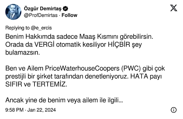 Ünlü finans profesöründen ise sert bir yanıt geldi. Demirtaş, "tertemiz" olduğunu belirtirken, bilgilerinin paylaşılması halinde ise gerekli yollara başvuracağını açıkladı.