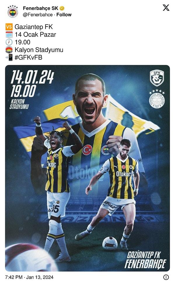13 Ocak'ta oynanan Gaziantep maçı öncesi "Kalyon Stadyumu" bilgisine yer verilmişti.