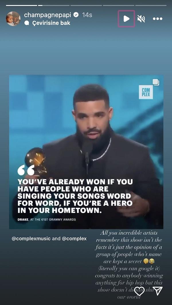 Ünlü isim hikayesine eklediği paylaşıma"Hip-hop dalında kazanan herkesi tebrik ederim ama bu tören bizim dünyamızda hiçbir b*ku belirlemiyor.” yazarak Grammy ödüllerinin taraflı olduğunu iddia etti.