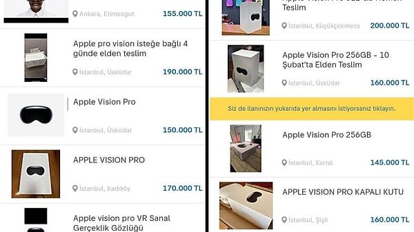 Özellikle Sahibinden.com'da Ankara, İstanbul ve İzmir'den otuza yakın Vision Pro ilanı görmek mümkün.