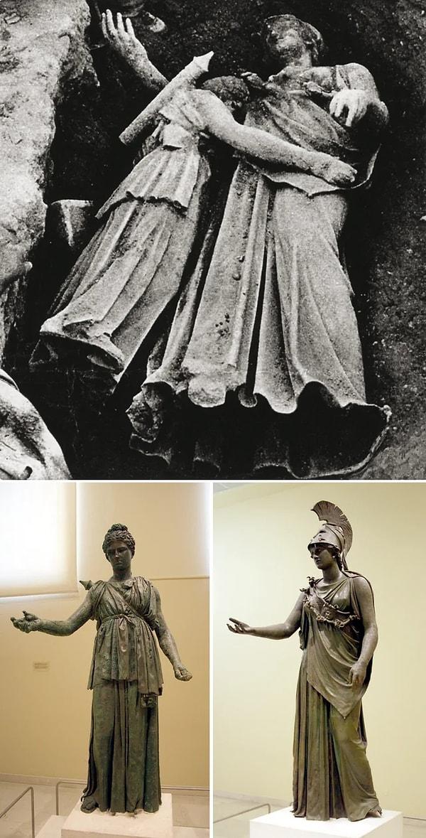 4. 1959'da Pire'de Athena ve Artemis'in iki antik bronz heykeli birlikte keşfedildi. İlk fotoğraf onları yerinde bulundukları haliyle gösteriyor. Şimdi iki heykel de Yunanistan'daki Pire Arkeoloji Müzesi'nde bulunuyor.