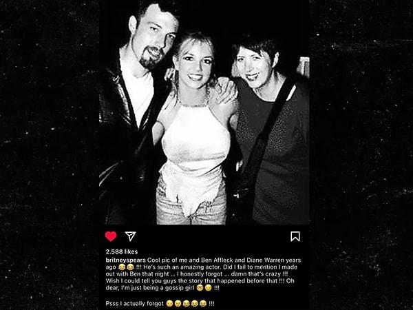 Britney Spears, Ben Affleck ile o gece dudak dudağa olduklarını iddia ettiği 1999 yazına ait bir fotoğrafını paylaştı.