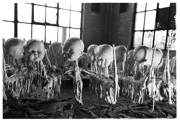 Toy doll heads at a toy factory.