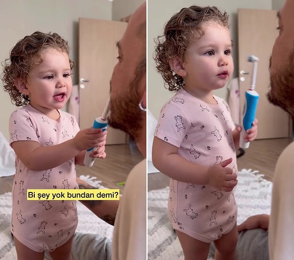 Şarjlı diş fırçası ile babasının dişlerini fırçalayan Dünya, o anlarda 'Vaaaw çok güzel oldu' diyor.