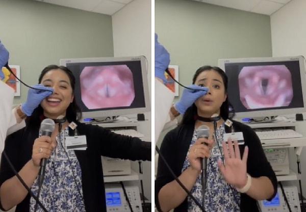 Videolaringostroboskopi yöntemi ile şarkı söylediği anları görüntüleyen Megan Urbano, o görüntüleri takipçileriyle de paylaştı.