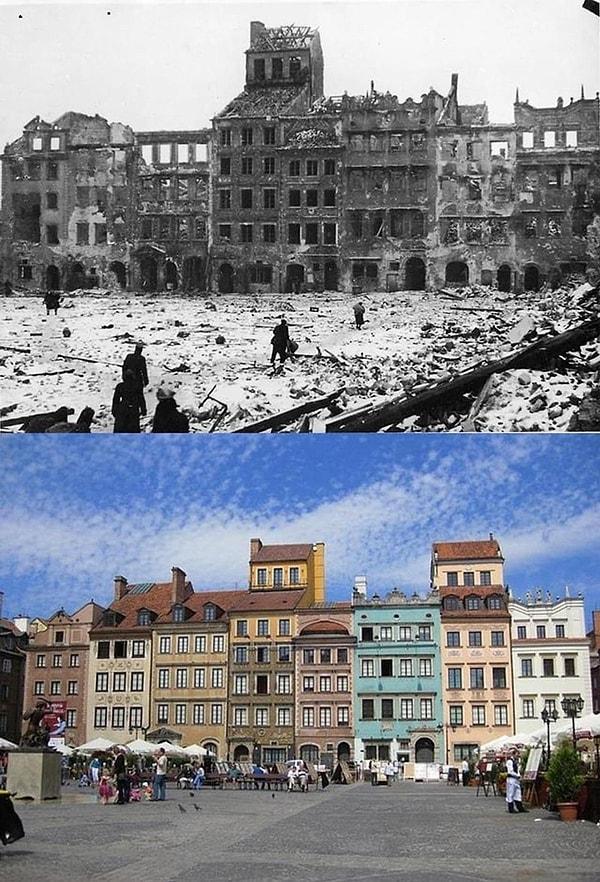 The Old Town Market Square in Warsaw, Poland, destroyed by the Nazis in 1945, and present day.