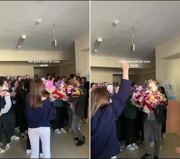 "@@n3rrflnw" isimli TikTok hesabından yapılan paylaşımda yer alan bilgiye göre ise, her sınıf kendi arasında para toplayarak öğretmene ayrı ayrı çiçekler aldılar.