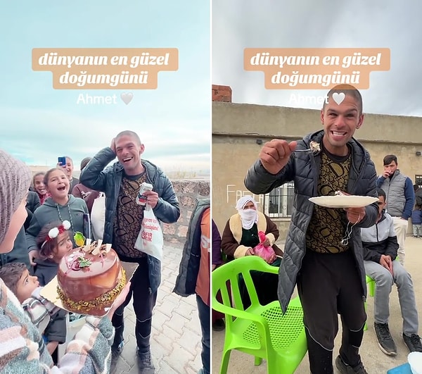 Gözlerini kapatması istenen Ahmet, karşısında kalabalığı ve doğumg ünü pastasını görünce oldukça mutlu oldu.