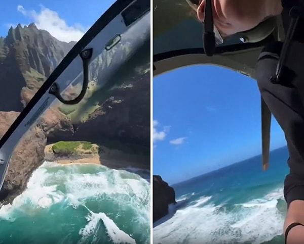 Helikopterin içinden kaydedilen görüntülerde acil inişe geçen pilotun şans eseri sahile inebildiği görülüyor.
