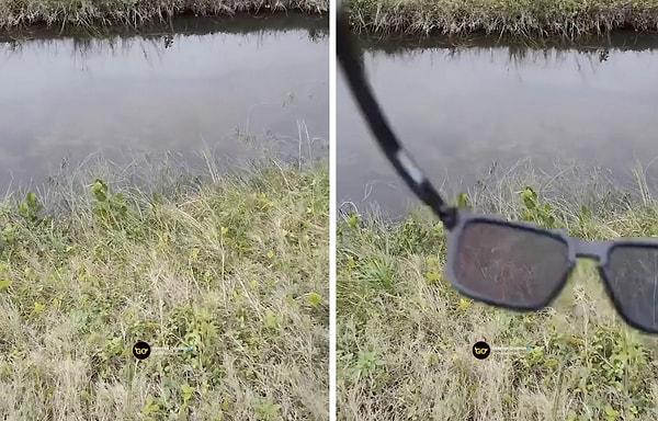 Bir adam doğada yaptığı yürüş sırasında polarize gözlüğü sayesinde göldeki timsahı fark etti.