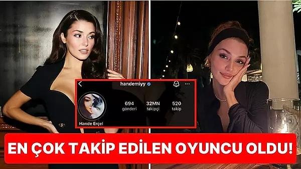 Zaman zaman eleştiri yağmuruna tutulan ünlü oyuncu Hande Erçel 32 milyon takipçi sayısına ulaşarak Instagramın en çok takip edilen Türk oyuncusu oldu!
