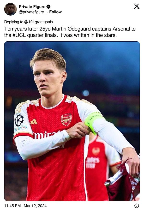 "On yıl sonra 25 yaşındaki Martin Ødegaard Arsenal'i #UCL çeyrek finallerine taşıyor. Bu yıldızlarda yazılıydı."👇