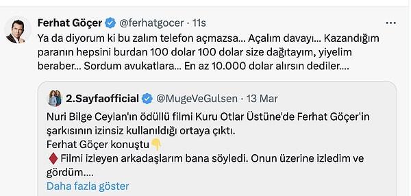 Ferhat Göçer, Twitter hesabından yaptığı paylaşımda şunları yazdı: 👇