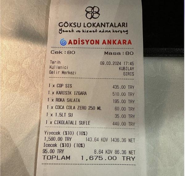 Ankara'nın en eski restoranlarından Göksu Lokantası. Suflesinin meşhur olduğunu zaten adisyondan anlayacaksınız...