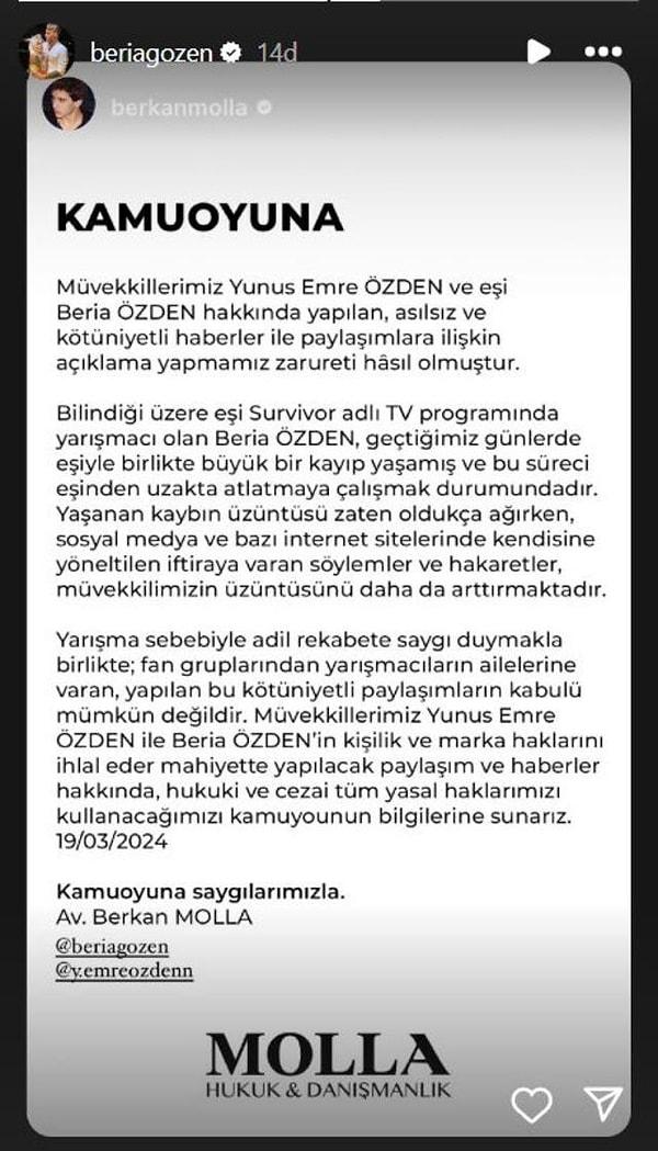 Kendisi ve eşi hakkında söylenenleri yargıya taşıma kararı alan Beria Özden, avukatı aracılığıyla bir açıklama yaptı: