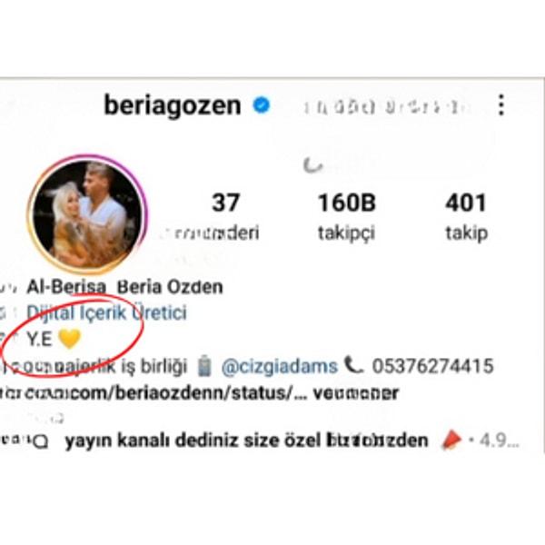 Birkaç gün öncesine kadar Beria Özden'in Instagram profilinde eşi Yunus Emre'nin baş harfleri yazıyordu. Hatta Özden'in profil fotoğrafı da eşi ile birlikte oldukları bir fotoğraftı 👇🏻