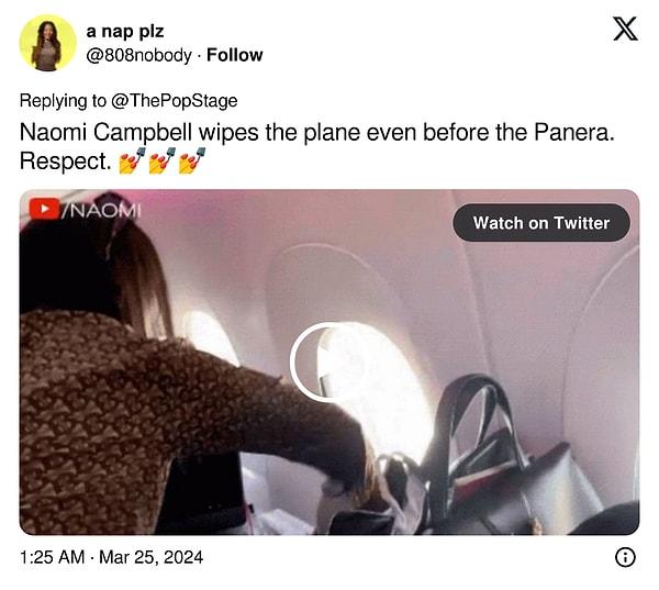 "Naomi Campbell Panera'dan önce uçağı siliyor. Saygılar."