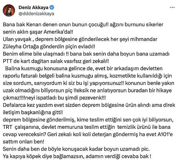 Hatta hızını alamayan Akkaya, Eylül Öztürk'ün eşi Kenan Öztürk'e de paragraflar boyu ders vermiş, çiftin evlerinde swinger partileri düzenlediğini iddia etmişti.