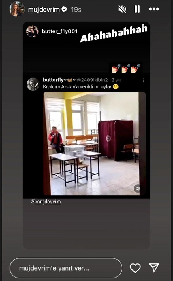 Bir takipçisinin oy kullandığı yerden çektiği videoya "Oylar Kıvılcım Arslan'a" yazdığı paylaşımı hikayesinde paylaştı.