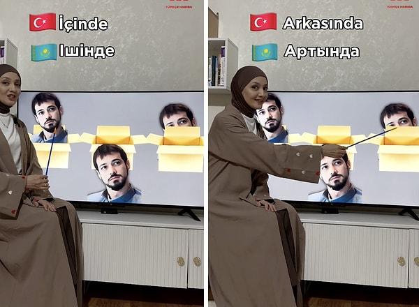 Sosyal medyada Türkçe öğrettiği videolar paylaşan Kazakistan’lı bir kadın, dizilerden sık sık esinleniyor.